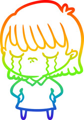 Fototapeta na wymiar rainbow gradient line drawing of a cartoon woman crying