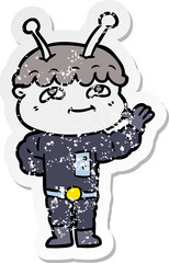 distressed sticker of a friendly cartoon spaceman