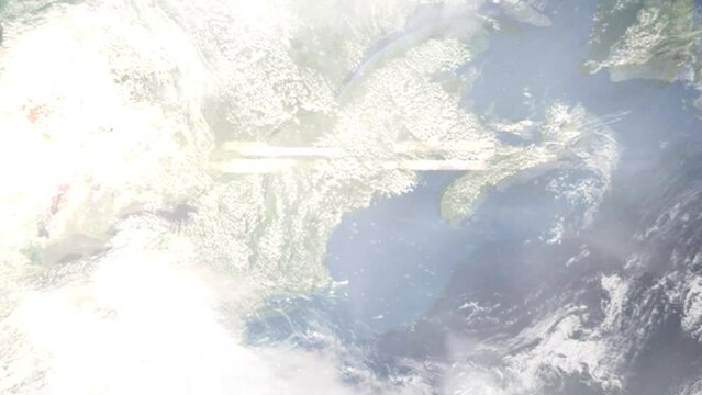 Earth zoom in from outer space to city. Zooming on Augusta, Maine, USA. The animation continues by zoom out through clouds and atmosphere into space. Images from NASA