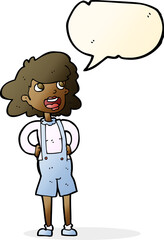 cartoon woman in dungarees with speech bubble