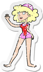 retro distressed sticker of a cartoon swimmer woman