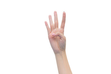 Young woman shows beautiful hand acted four fingers on the isolated white background.