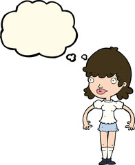 cartoon happy woman with thought bubble