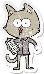 distressed sticker of a funny cartoon cat wearing shirt and tie