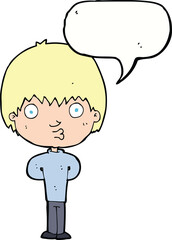 cartoon whistling boy with speech bubble