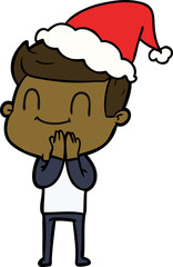 hand drawn line drawing of a friendly man wearing santa hat