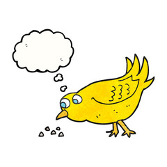 freehand drawn thought bubble textured cartoon bird pecking seeds