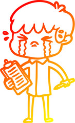 warm gradient line drawing of a cartoon boy crying