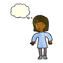 cartoon cautious woman with thought bubble