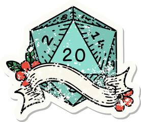grunge sticker of a natural twenty D20 dice roll