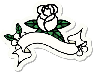 tattoo style sticker with banner of a single rose