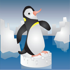 Penguin cartoon Character Standing on Ice Rock Vector Illustration