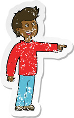 retro distressed sticker of a cartoon happy man pointing and laughing