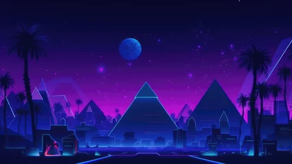 Foto op Aluminium Night moon futuristic neon cairo egypt city with pyramid background. Dark cyber architecture in desert landscape with landmark. Illuminated purple ancient environment. Generative AI © ribelco