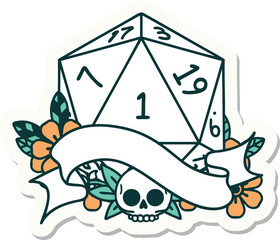 sticker of a natural one d20 dice roll