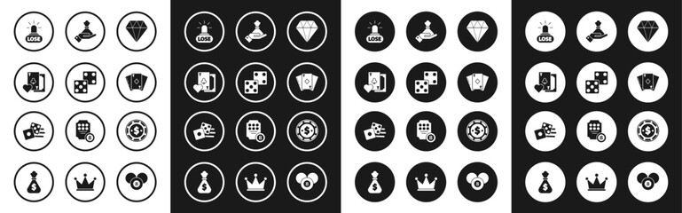 Fototapeta premium Set Diamond, Game dice, Playing card with clubs symbol, Casino losing, diamonds, Hand holding money bag, chip dollar and icon. Vector