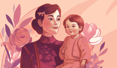 Mother's day colorful illustration vector. A mother dressed in oriental-style clothes hugs her child against a background of flowers.