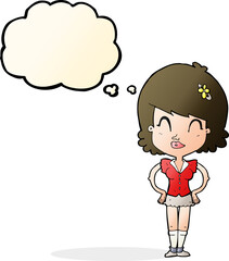cartoon happy woman with thought bubble