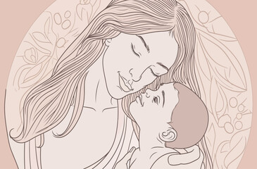 Mother's day colorful illustration vector. A mother embraces her child with maternal love on a pink background.