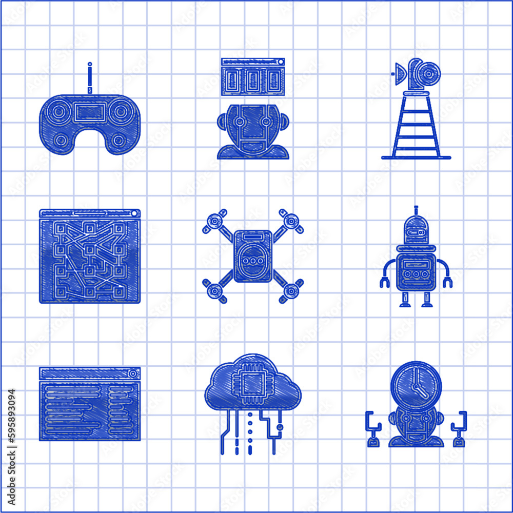 Poster set drone flying with action camera, robot and digital time manager, software, web developer program