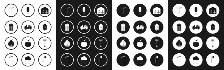 Set Home greenhouse and plants, Tractor, Trash can, Garden rake, Retro wall watch, Tree, and Ladybug icon. Vector