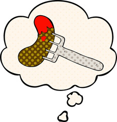 cartoon sausage on fork with thought bubble in comic book style