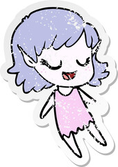 distressed sticker of a happy cartoon elf girl