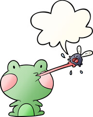 cute cartoon frog catching fly with tongue with speech bubble in smooth gradient style