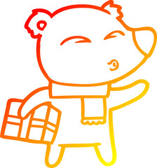 warm gradient line drawing of a cartoon christmas polar bear