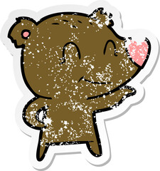 distressed sticker of a friendly bear cartoon