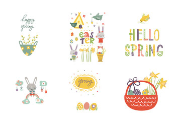 A large set of postcards on a spring theme. Hares, birds, baskets, flowers, eggs, bird houses, decor elements. Cute illustration for card design, greeting email, invitation design, announcement, scrap
