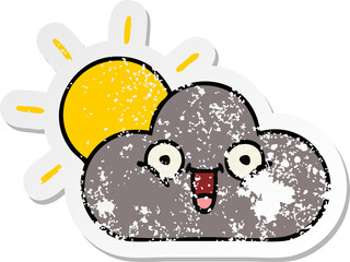 distressed sticker of a cute cartoon storm cloud and sun