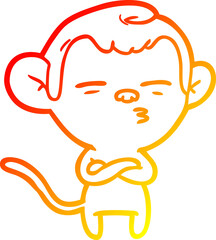 warm gradient line drawing of a cartoon suspicious monkey