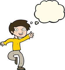 cartoon excited boy dancing with thought bubble