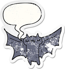 cute cartoon halloween bat with speech bubble distressed distressed old sticker