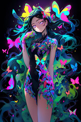 Trippy anime girl overlapping colors Generative AI