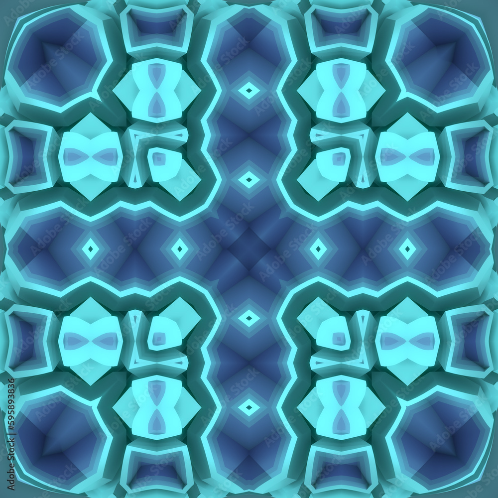 Aufkleber 3d rendering digital illustration of a psychedelic three-dimensional symmetrical neon pattern. Abstract background