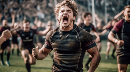 Rugby players cheer and celebrate their team's victory - ai generative - obrazy, fototapety, plakaty
