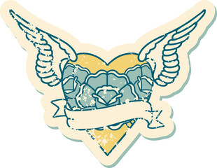 iconic distressed sticker tattoo style image of heart with wings flowers and banner