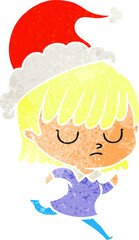 hand drawn retro cartoon of a woman wearing santa hat