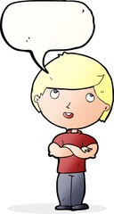 cartoon happy man with folded arm with speech bubble