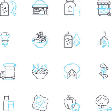 Molecular gastronomy linear icons set. Spherification, Emulsification, Foam, Nitrogen, Gelification, Sous-vide, Deconstruction line vector and concept signs. Transglutaminase,Hydrocolloids,Texture