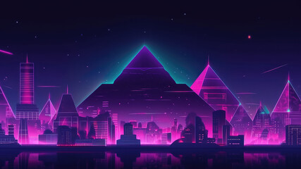 Night moon futuristic neon cairo egypt city with pyramid background. Dark cyber architecture in desert landscape with landmark. Illuminated purple ancient environment. Generative AI