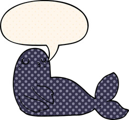 cartoon seal with speech bubble in comic book style