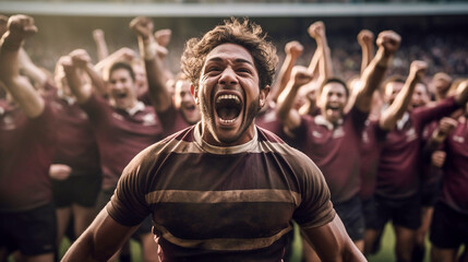 Obraz premium Rugby players cheer and celebrate their team's victory - ai generative