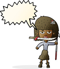 cartoon woman with knife and harpoon with speech bubble