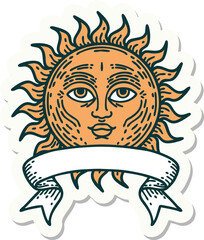 tattoo style sticker with banner of a sun with face