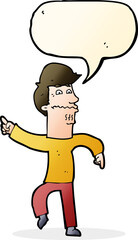 cartoon worried man pointing with speech bubble