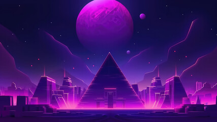Night moon futuristic neon cairo egypt city with pyramid background. Dark cyber architecture in desert landscape with landmark. Illuminated purple ancient environment. Generative AI