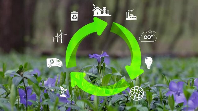 The emblems of the cyclic economy On green backdrop,. Recycling, the environment, reusing, manufacturing, waste, consumers, resources all part of circular economy idea. Development that is long-term